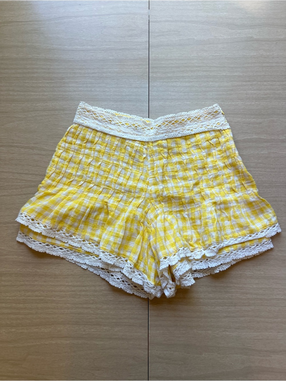 Free People Yellow Gingham Lace-Trim Flowy Shorts Size 0